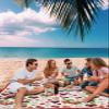 Watercolor Red Cherry Green Leaves Beach Blanket Extra Large 118x108in Outdoor Waterproof Sandproof Picnic Blankets with Stakes Lightweight Beach Mat for Camping Travel Hiking, White Flower on Beige view 3