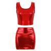 Lorilida Women Two Piece Outfits PU Metallic Crop Top and Bodycon Mini Skirt Set Dance Rave Clubwear Red One Size view 1