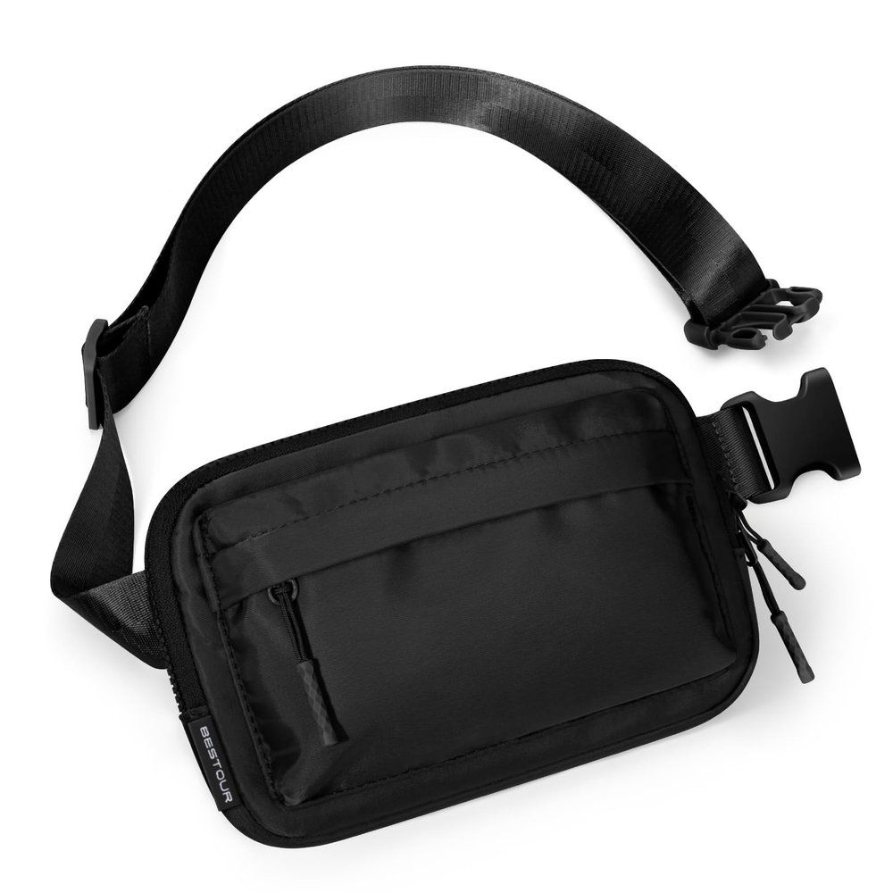 BesTour Fanny Packs for Women Men,Belt Bag with 3 Zipper Pockets,Water-resistant Crossbody Bag,Fashion Waist Packs with Adjustable Long Strap for Workout/Running/Yoga/Shopping/Hiking,Black