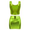 Lorilida Women Two Piece Outfits PU Metallic Crop Top and Bodycon Mini Skirt Set Dance Rave Clubwear Fluorescent Green One Size view 4