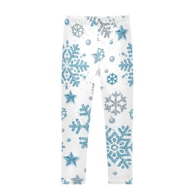 Aflyko Christmas Girls' Leggings Blue Silver Snowflake Star Kids Running Yoga Pants Dance Tights Skinny Stretch Ankle Length Xmas Everyday Wear 6T