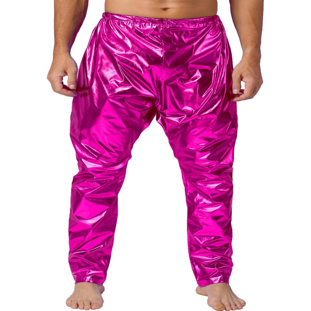 ACSUSS Men's Shiny Metallic Hip Hop Pants Elastic Waistband Hippie Drop Crotch Pants Party Clubwear Hot Pink Small