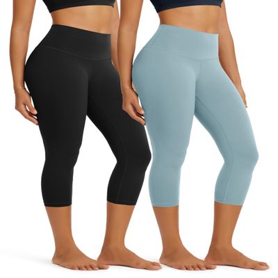 ODODOS 2-Pack Buttery Soft Lounge Yoga Capris for Women 21" High Waist Cropped Capri Leggings, Black+Chambray, Small
