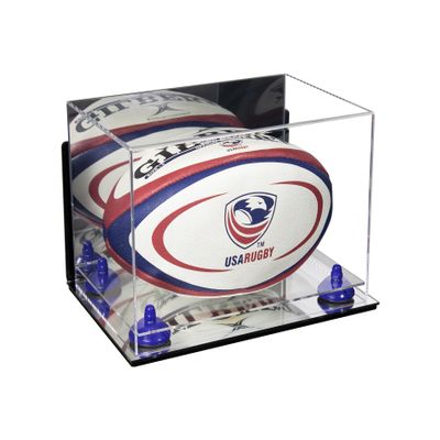 Better Display Cases Acrylic Rugby Ball Display Case with Mirror Case, Dark Blue Risers, Mirror Base and Wall Mount 8" x 8" x 12" (A004/B41)