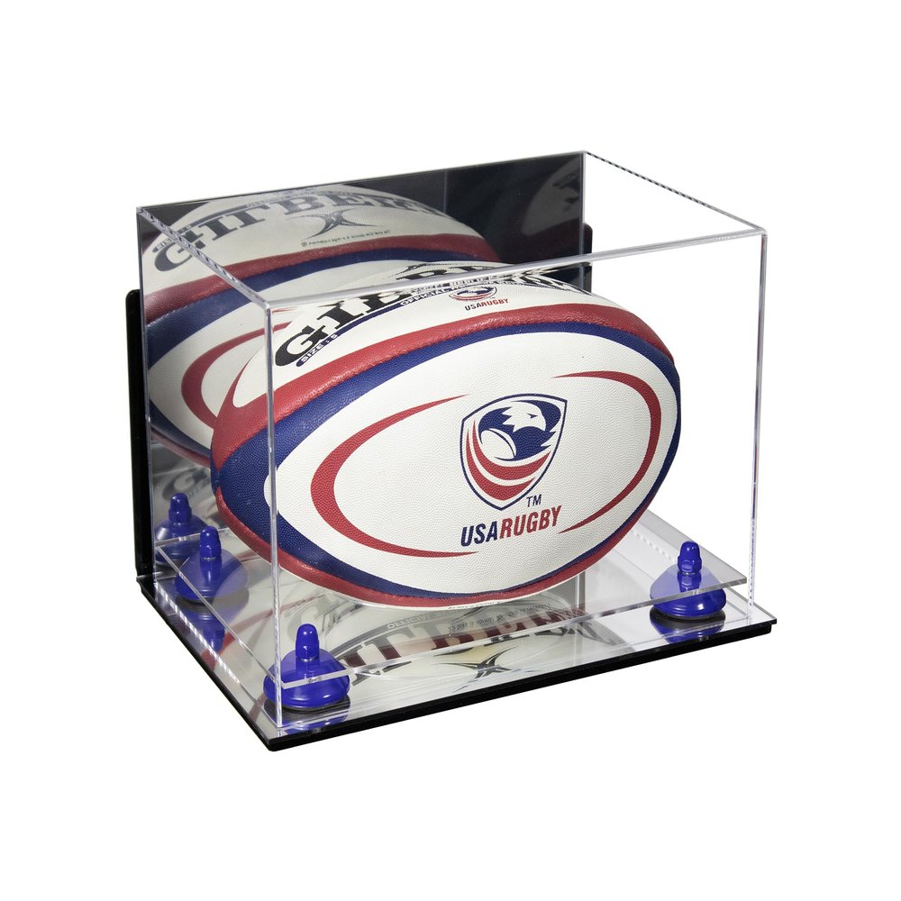 Better Display Cases Acrylic Rugby Ball Display Case with Mirror Case, Dark Blue Risers, Mirror Base and Wall Mount 8" x 8" x 12" (A004/B41)
