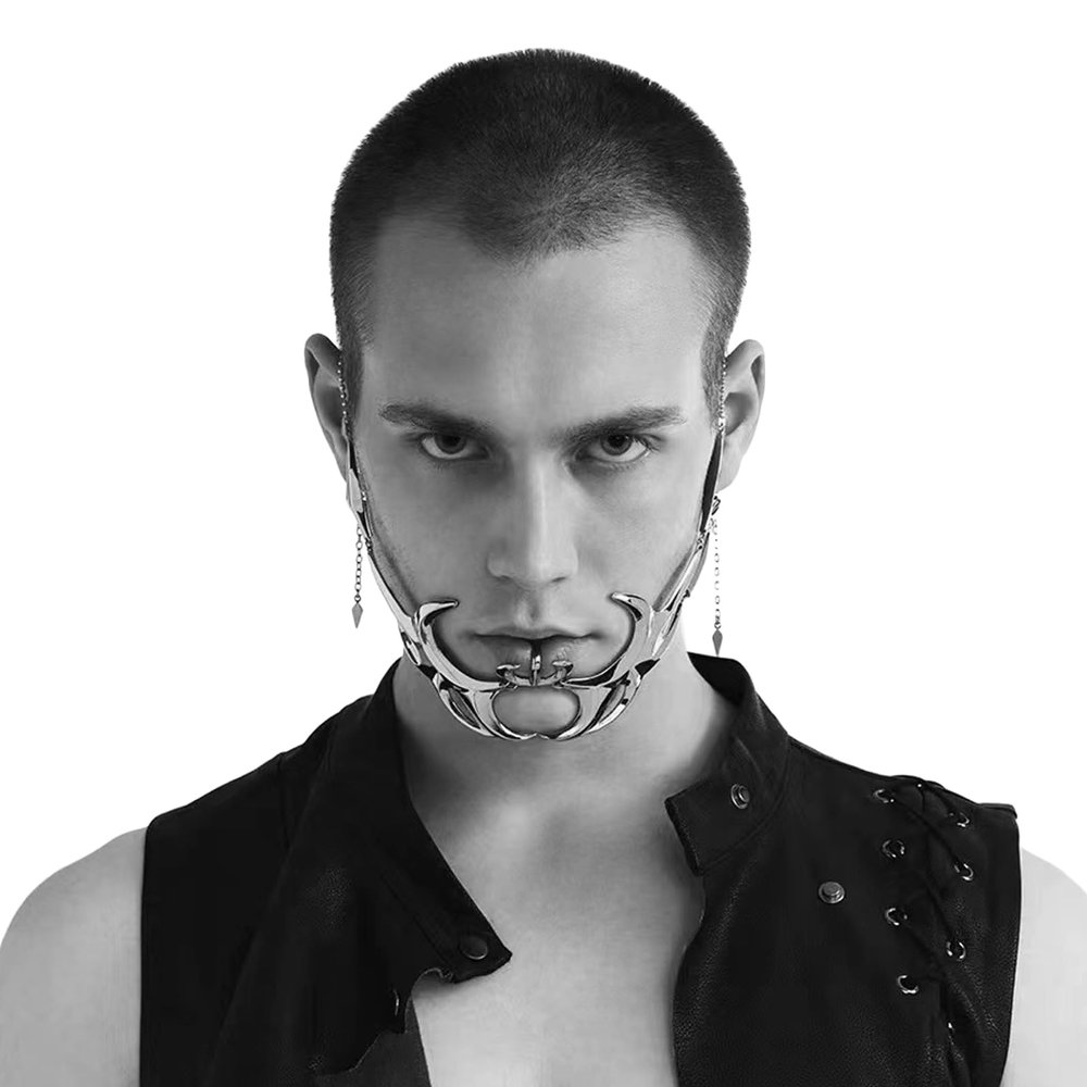 EjszaKod Unisex Cyber Punk Liquid Silver Steel Half Mask | Y2K Luxury irregular Face Chain Cyborg Earring Accessories | Gothic Hollow Metal Mask for Men and Women (Lip Style)
