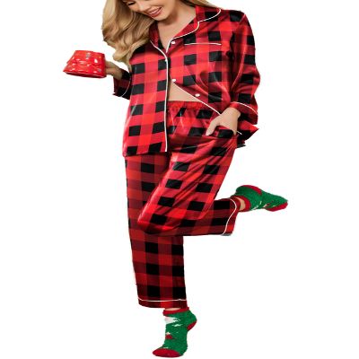 Ekouaer Christmas Pajamas for Women Silk Satin Holiday Button Down Pj Set Soft Long Sleeve Sleepwear for New Yearr Christmas Red Plaid,XL