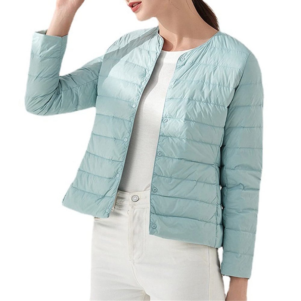 JEKE-DG Women's Lightweight Round Neck Down Jacket Warm Inner Liner Short Slim Coat Collarless Warm Puffer Coat Outwear (Medium,Cyan)