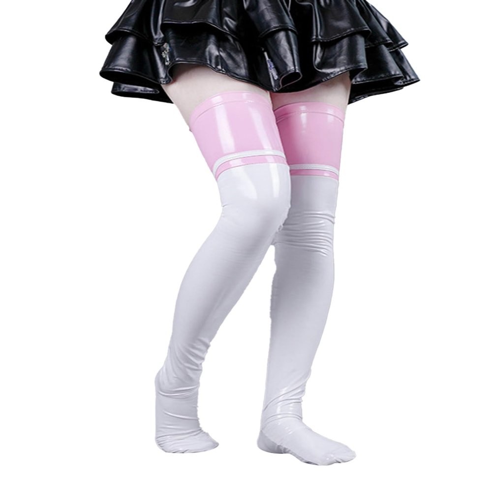 ACSUSS Women's Shiny Leather Wet Look Skinny Stocking Latex Contrast Thigh High Stockings Clubwear Pink&White One Size