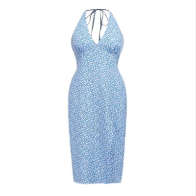 Women's Dress Ditsy Floral High Split Halter Dress Dress for Women (Color : Baby Blue, Size : Medium)