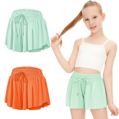 2 Packs Girls Flowy Shorts Butterfly Shorts for Kids with Pocket 2-in-1 Athletic Shorts Running Shorts for Girls Youth (Light Green + Orange, Medium)