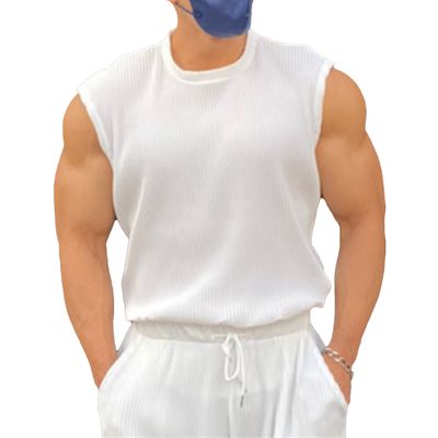 Maiyifu-GJ Men's Summer Bodybuilding Solid Color Vest Breathable Outdoor Stripe Undershirt Sleeveless Knit Muscle Tank Top (White,Large)