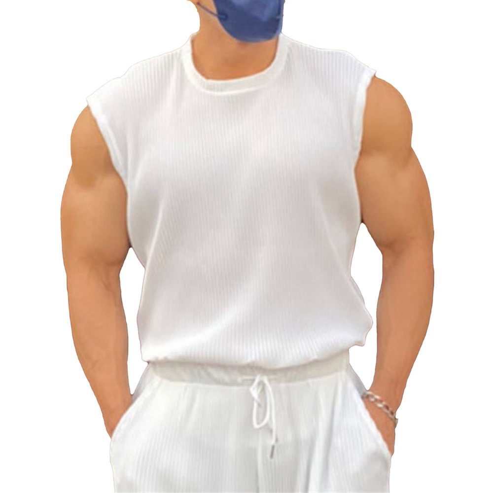 Maiyifu-GJ Men's Summer Bodybuilding Solid Color Vest Breathable Outdoor Stripe Undershirt Sleeveless Knit Muscle Tank Top (White,Large)