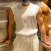 Maiyifu-GJ Men's Summer Bodybuilding Solid Color Vest Breathable Outdoor Stripe Undershirt Sleeveless Knit Muscle Tank Top (White,Large) view 3
