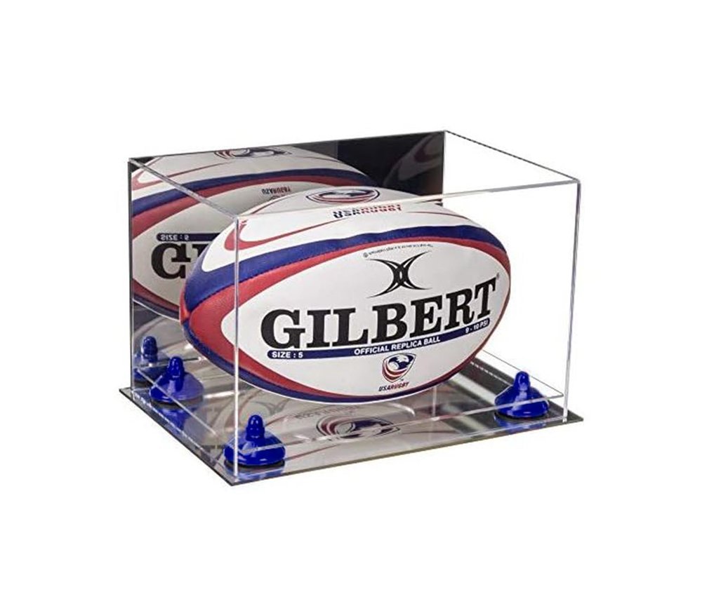 Better Display Cases Acrylic Rugby Ball Display Case with Mirror Case, Dark Blue Risers, Mirror Base 8" x 8" x 12" (A004/B41)