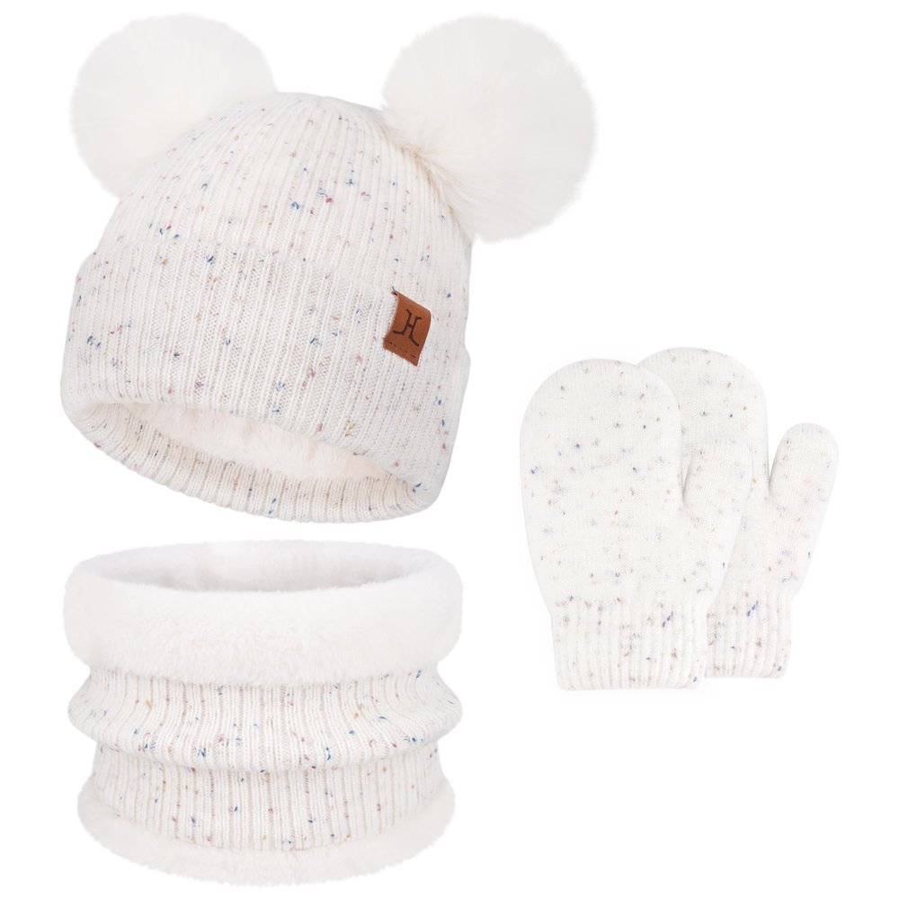 Winter Hats, Gloves, Scarves Set with Pompom Beanies for 0-4 Year Old Boys & Girls