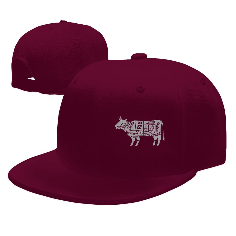 Beef Cuts Hat Flat Brim Trucker Hats for Men Women Hip Hop Baseball Cap Adjustable Dark Red Sun Caps