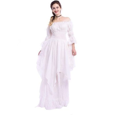 Victorian Women's Fairy Puff Sleeve High Low Ruffle Medieval Cute Off Shoulder Renaissance Regency Gothic Witch Costume Dress