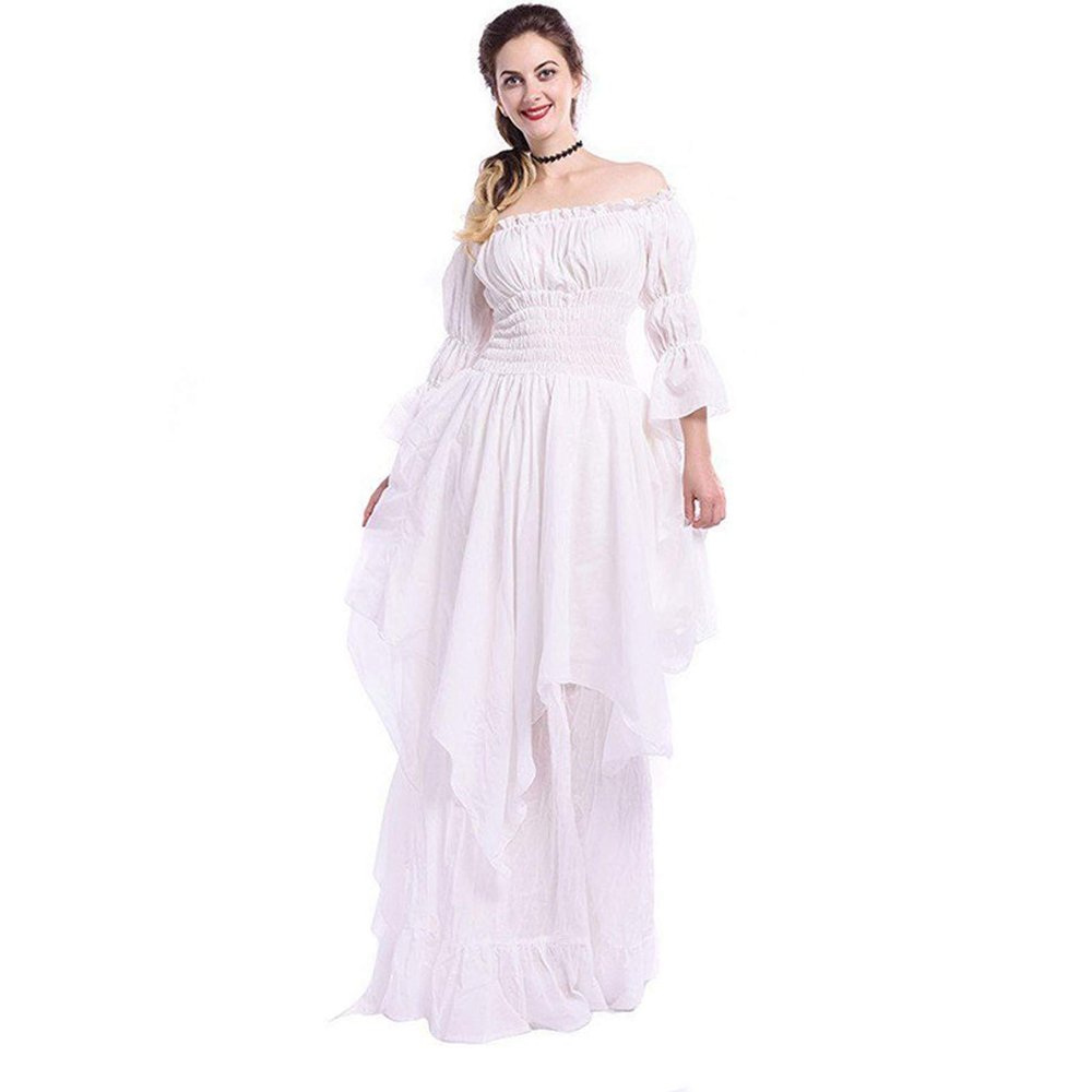 Victorian Women's Fairy Puff Sleeve High Low Ruffle Medieval Cute Off Shoulder Renaissance Regency Gothic Witch Costume Dress