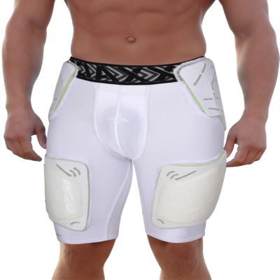 Exxact Sports Gladiator 5-Pad Adult Football Girdle for Men with Cup Pocket, Padded Compression Shorts with Integrated Hip, Thigh, Tailbone Pads, Men's Girdle Football (White, A2XL)