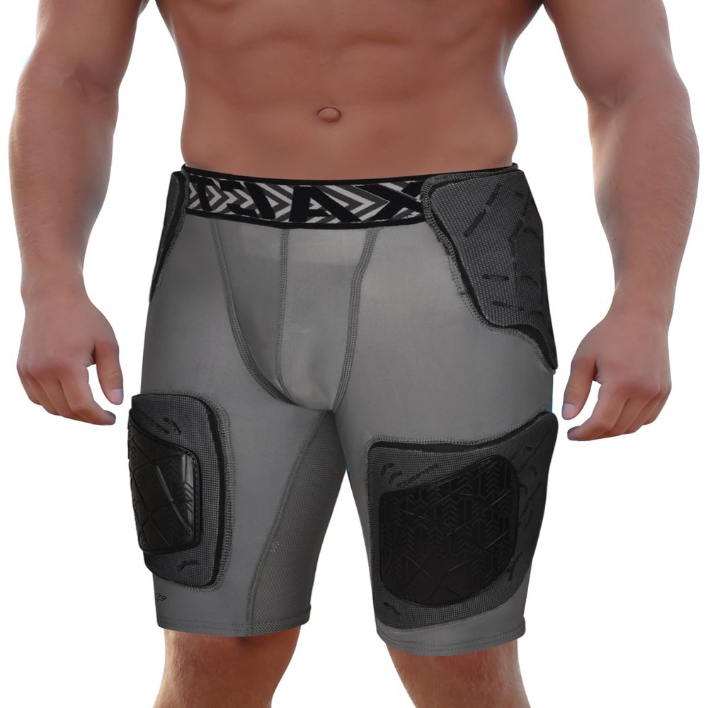 Exxact Sports Gladiator 5-Pad Adult Football Girdle for Men with Cup Pocket, Padded Compression Shorts with Integrated Hip, Thigh, Tailbone Pads, Men's Girdle Football (Grey, A3XL)