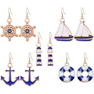 CWVHQ 5 Pairs Nautical Themed Jewelry Sailboat Earrings Sailor Earrings Unique navy Nautical Ship Wheel Anchor Statement Drop Stud Earrings for Women Fashion Jewelry (style-1)