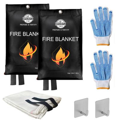 SAFECASTLE Emergency Fire Blanket 59"x59" Large Size, 2 Pack + 2 Hooks & 2 Gloves Fire Retardant Blanket with Fireproof Tabs for Home, Outdoor, Office, Car and Camping Fire Protection Survival Safety