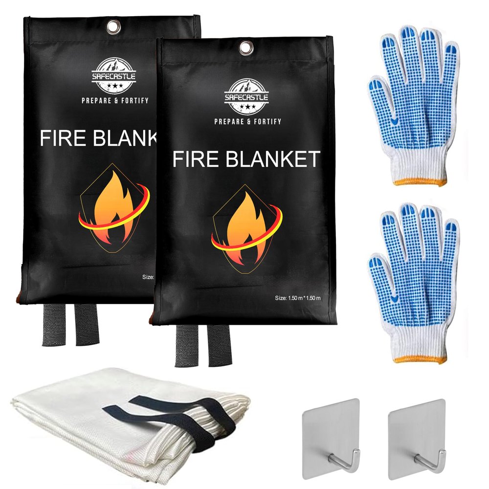 SAFECASTLE Emergency Fire Blanket 59"x59" Large Size, 2 Pack + 2 Hooks & 2 Gloves Fire Retardant Blanket with Fireproof Tabs for Home, Outdoor, Office, Car and Camping Fire Protection Survival Safety