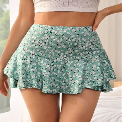 KLiHDSM Women's Shorts Ditsy Floral Print Ruffle Hem Skort Shorts for Women (Color : Cadet Blue, Size : Small)