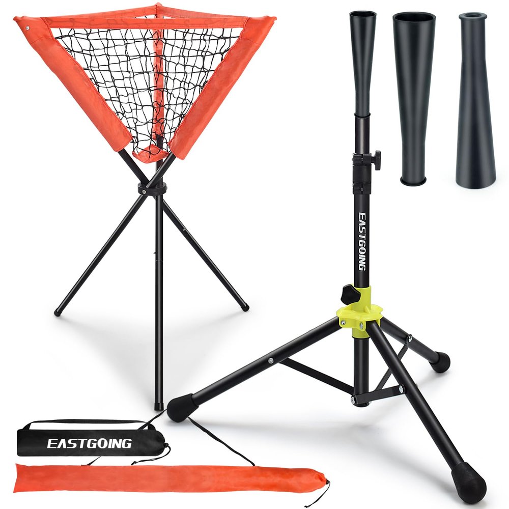 Eastgoing Heavy Duty Baseball and Softball Portable Travel Batting Tee with Baseball Ball Caddy.Easy Adjustable Height | Portable & Collapsible.Hitting Tee for Any Age Player Baseball (Black)