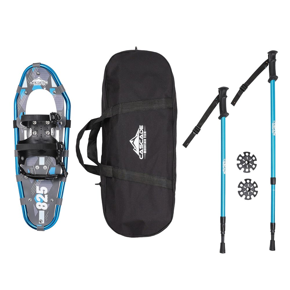 Lightweight Aluminum Frame Snowshoes with Dual Ratchet Bindings, Nylon Heel Strap, HDPE Decking, Includes Heavy Duty Carry Bag, Available in Adult and Kids Sizes, 19", Blue, Snowshoe Kit