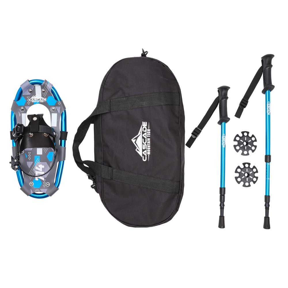 Lightweight Aluminum Frame Snowshoes with Dual Ratchet Bindings, Nylon Heel Strap, HDPE Decking, Includes Heavy Duty Carry Bag, Available in Adult and Kids Sizes, 14", Blue, Snowshoe Kit