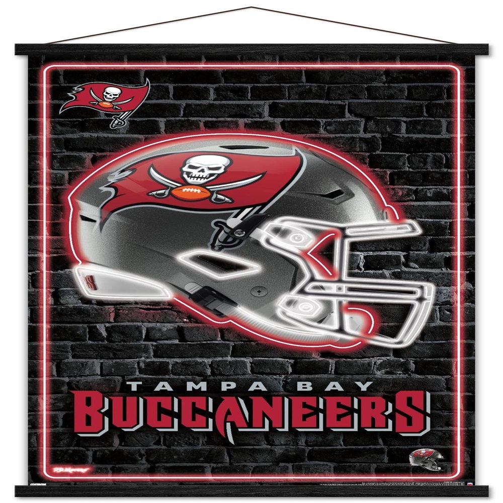 Trends International NFL Tampa Bay Buccaneers - Neon Helmet 23 Wall Poster with Magnetic Frame, 34L x 22.4W, Print and Black Hanger Bundle