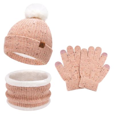 Toddler Kids Winter Hats Touchscreen Gloves Scarfs Set Pompom Beanie Caps Neck Warmer with Fleece for 5-8 Years Old Baby Girls Boys Gifts