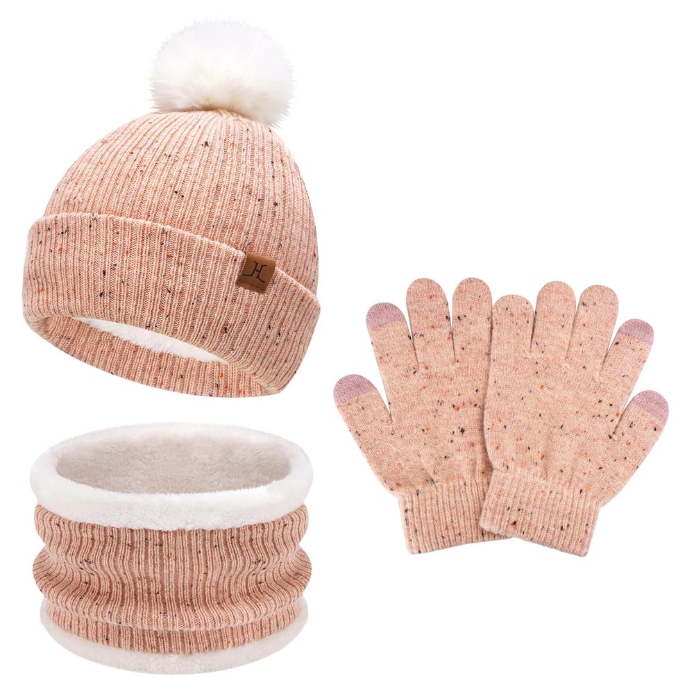 Toddler Kids Winter Hats Touchscreen Gloves Scarfs Set Pompom Beanie Caps Neck Warmer with Fleece for 5-8 Years Old Baby Girls Boys Gifts