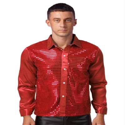 dPois Men Long Sleeve Shiny Sequin Shirts Latin Jazz Dancewear Stage Performance Costume Fancy Shirt Top Red Small