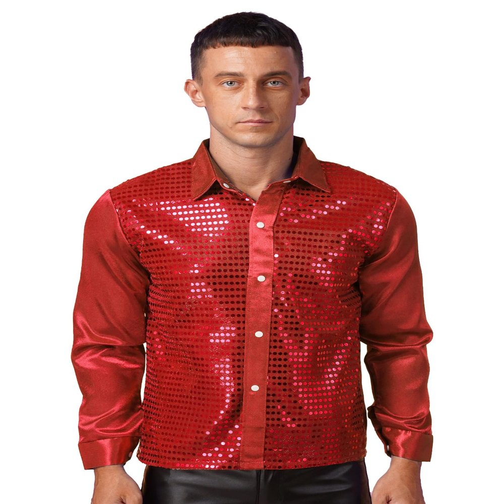 dPois Men Long Sleeve Shiny Sequin Shirts Latin Jazz Dancewear Stage Performance Costume Fancy Shirt Top Red Small
