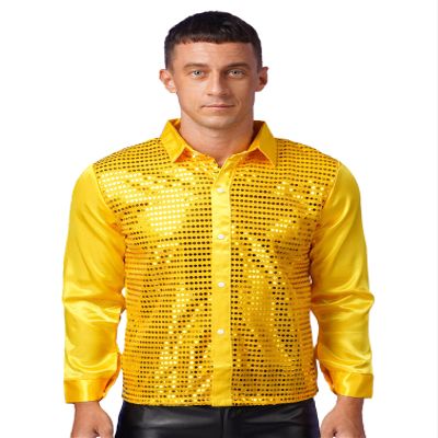 Jugaoge Mens Sequined Long Sleeve Shirt Jazz Disco Dance Shirt Tops Hip Hop Performance Costumes Yellow Small