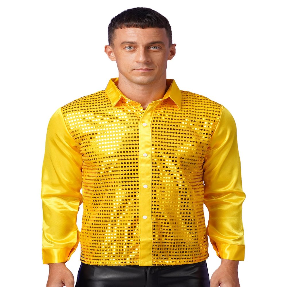 Jugaoge Mens Sequined Long Sleeve Shirt Jazz Disco Dance Shirt Tops Hip Hop Performance Costumes Yellow Small