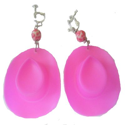 Screwback Earrings, Big Bold Light Weight 3.5" Cowgirl Barrel Racer Rodeo Queen Western Cowgirl Hot Pink Hat with Pink and White Cow Spots Bling Non Pierced Earrings + GIFT BAG