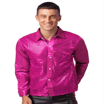 dPois Men Long Sleeve Shiny Sequin Shirts Latin Jazz Dancewear Stage Performance Costume Fancy Shirt Top Hot Pink Small