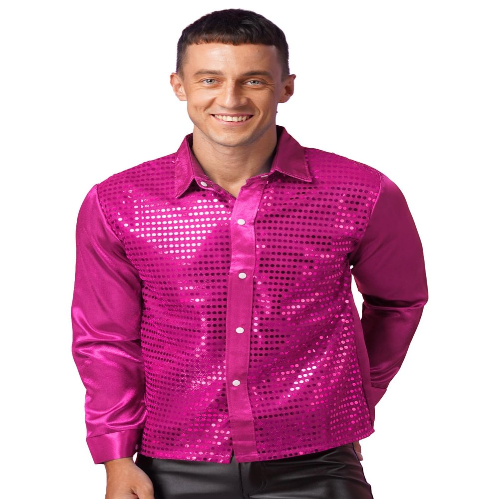 dPois Men Long Sleeve Shiny Sequin Shirts Latin Jazz Dancewear Stage Performance Costume Fancy Shirt Top Hot Pink Small