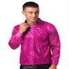 dPois Men Long Sleeve Shiny Sequin Shirts Latin Jazz Dancewear Stage Performance Costume Fancy Shirt Top Hot Pink Small view 3