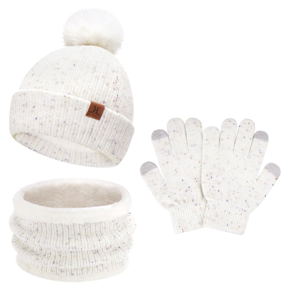 Toddler Kids Winter Hats Touchscreen Gloves Scarfs Set Pompom Beanie Caps Neck Warmer with Fleece for 5-8 Years Old Baby Girls Boys Gifts