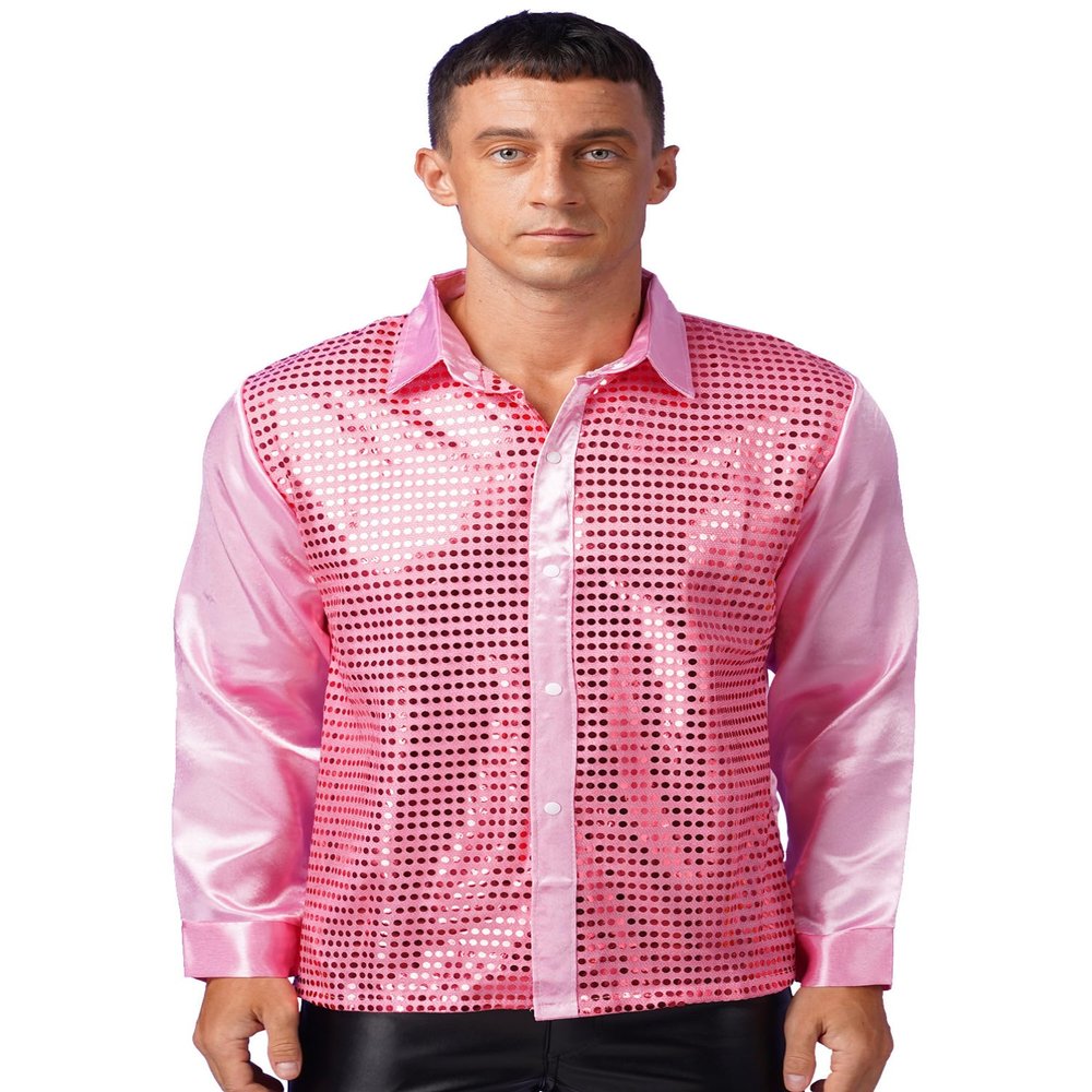 dPois Men Long Sleeve Shiny Sequin Shirts Latin Jazz Dancewear Stage Performance Costume Fancy Shirt Top Pink Small
