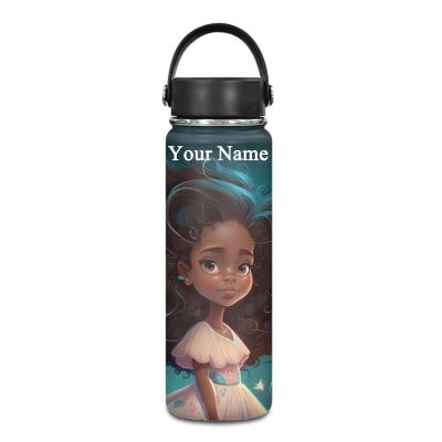 ZOUTAIRONG Custom Black African Girl Water Bottle 18 oz Insulated Water Bottle with Handle Wide Mouth Bottle for Sports, Office, Travel Cup Mug Kids Gifts American Magic Your Name/Logo Here
