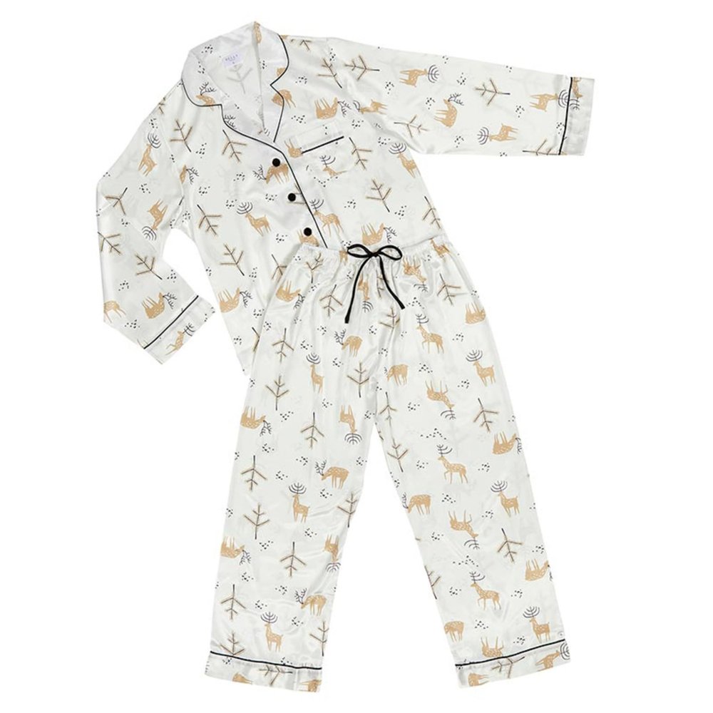 Bella Sleep + Spa Christmas Pajamas for Women - 2-Piece Long Sleeve Full Length Satin Pajama Set, Small, Oh Deer