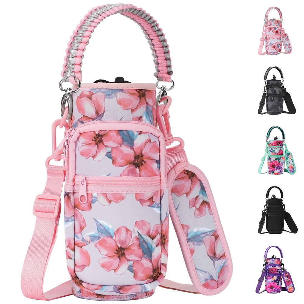 AceTreker 40 oz Neoprene Water Bottle Holder with Strap for Insulated Metal Hydro Jug Water Bottles, Sleeve Carrier Bag for Camping Trip-Pink Flowers