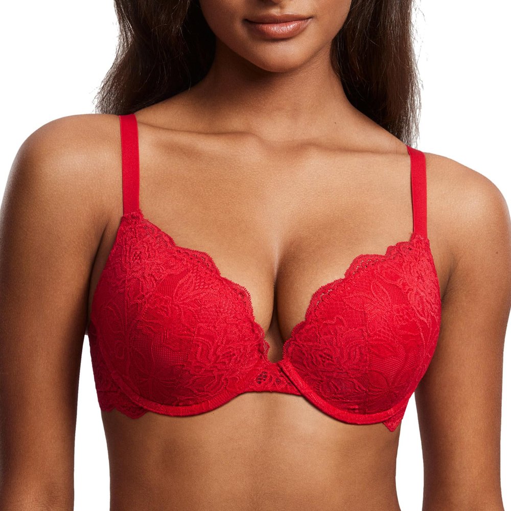 DOBREVA Women's Push Up Lace Bra Underwire Plunge Full Coverage Bras Sexy Plus Size Support Lipstick Red 36DD
