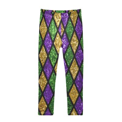 Aflyko Mardi Gras Girls' Leggings Fleur De Lis Glitter Zigzag Kids Running Yoga Pants Dance Tights Skinny Stretch Ankle Length Fat Tuesday Wear 6T